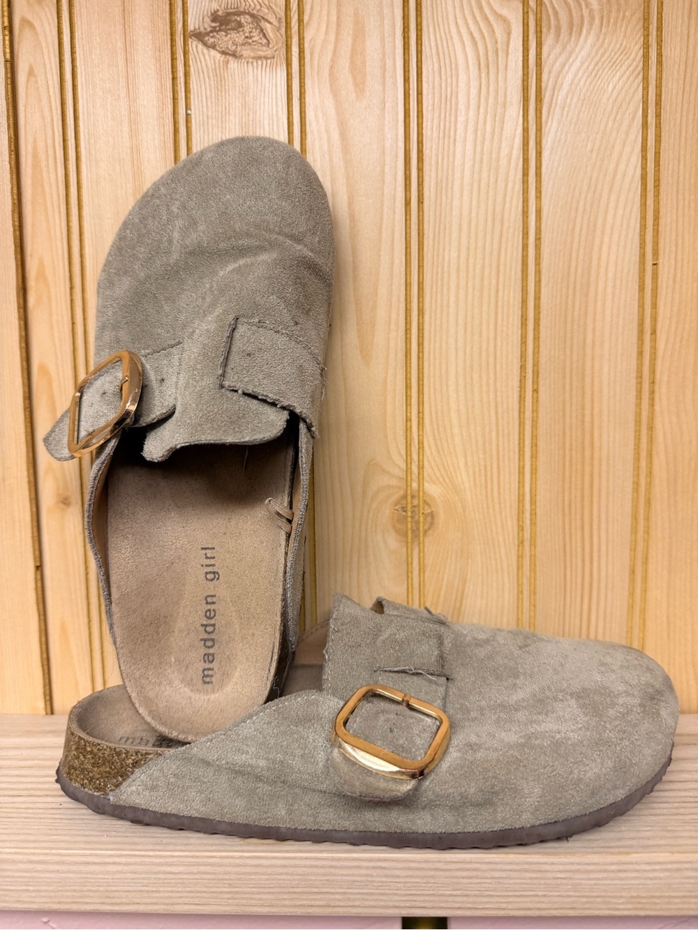 Madden Girl Taupe Suede Clogs with Gold Buckles